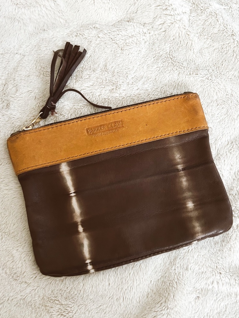 Parker Clay Sheepskin Zip Pouch – Tie Dye Brown Handcrafted in Ethiopia